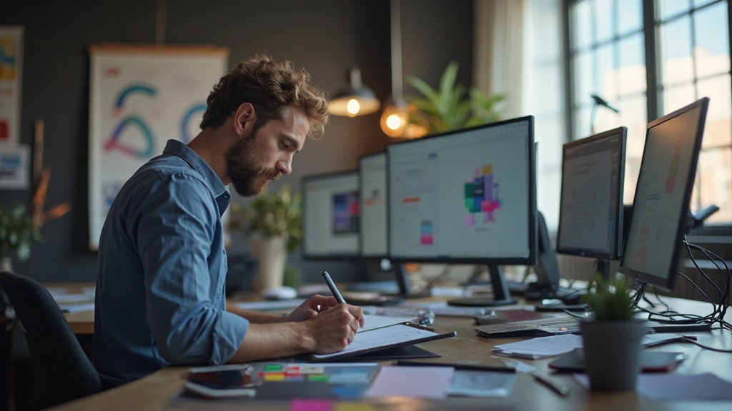 Ontwerper werkt aan webshop interface op grafische tablet met stylus, multischerm setup met design tools zichtbaar